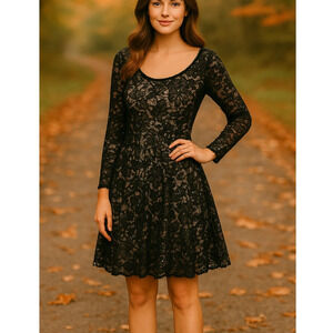 NWT Nordstrom 18 B Smart Sequin Lace Fit&Flare Dress $139 Long Sleeve Nude Black